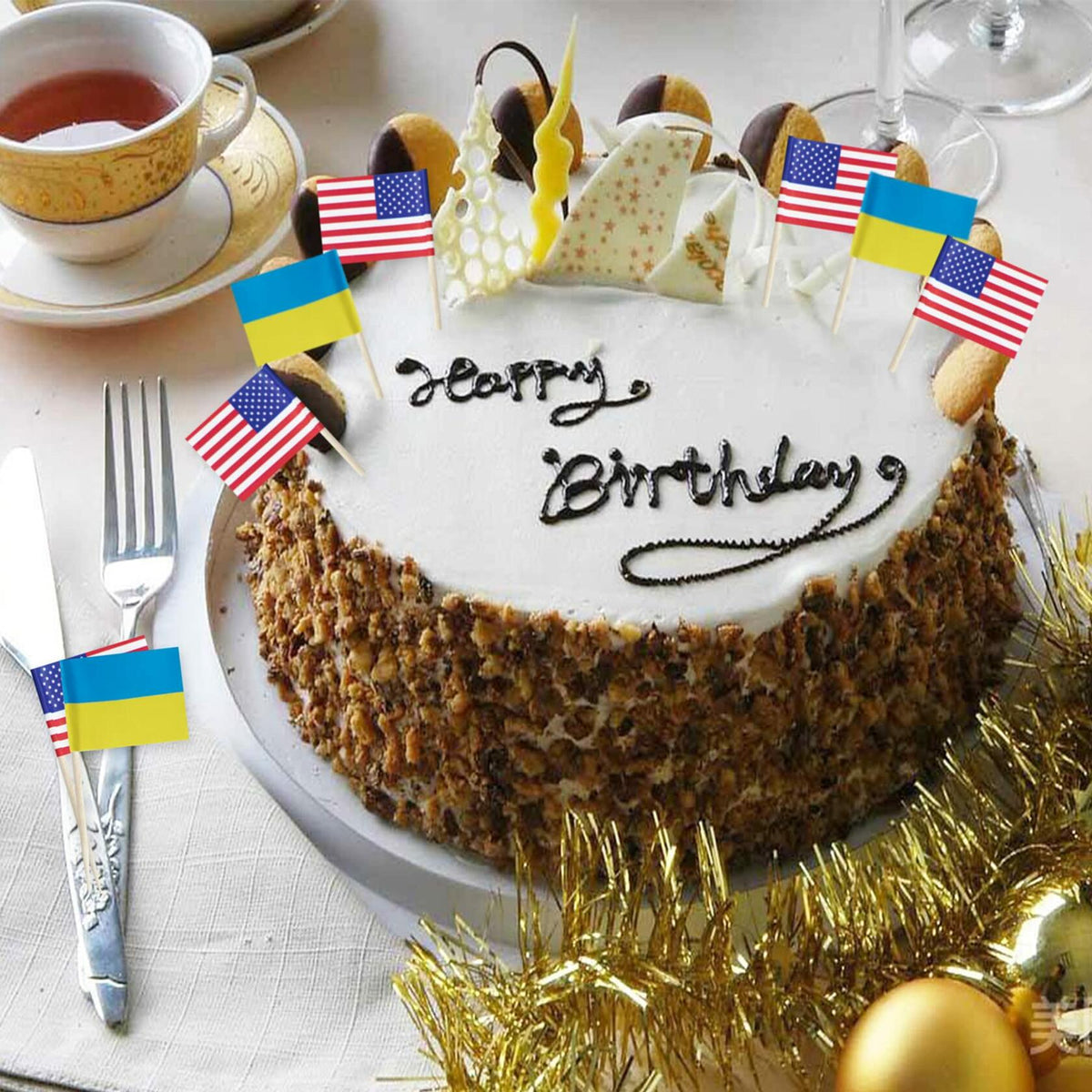 Foocal Cake Topper Flags Ukraine US Paper 1.3x1in 200pcs with Toothpicks
