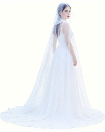 Geyoga Women Peals Tulle Hooded Cape Sheer Elf Cloak White