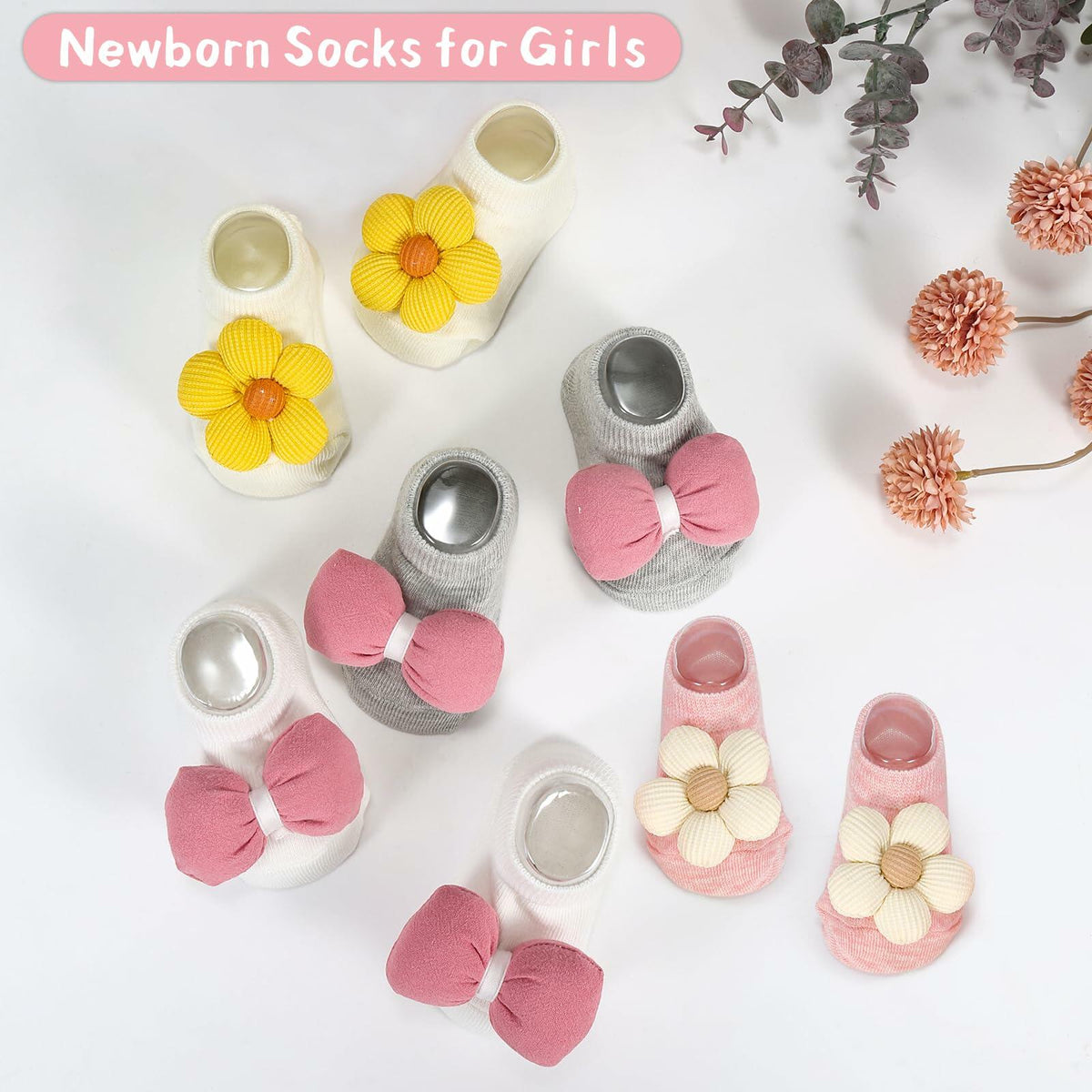 Incolumitas Baby Girl Socks 4-Pack Low Cut Floral Non-Slip Grips Multicolor