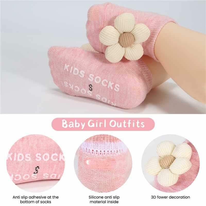 Incolumitas Baby Girl Socks 4-Pack Low Cut Floral Non-Slip Grips Multicolor