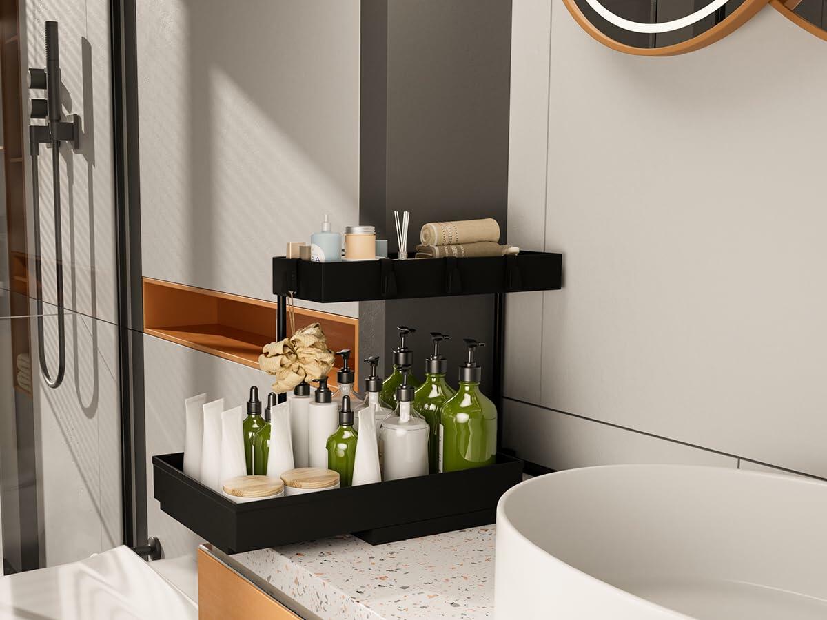 NATURE'S SOURCE 2 Pack 2 Tier Under Sink Organizer with 4 Hooks Black LIKE NEW