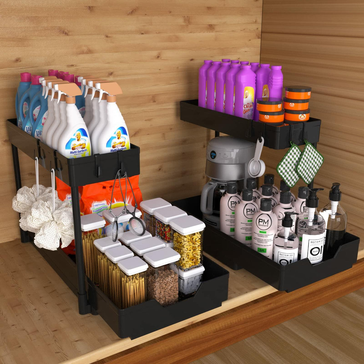 NATURE'S SOURCE 2 Pack 2 Tier Under Sink Organizer with 4 Hooks Black LIKE NEW