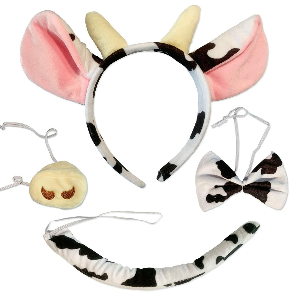 JIALWEN Cow Animal Costume Set 4Pcs Ears Nose Bowtie Tail Unisex White Size