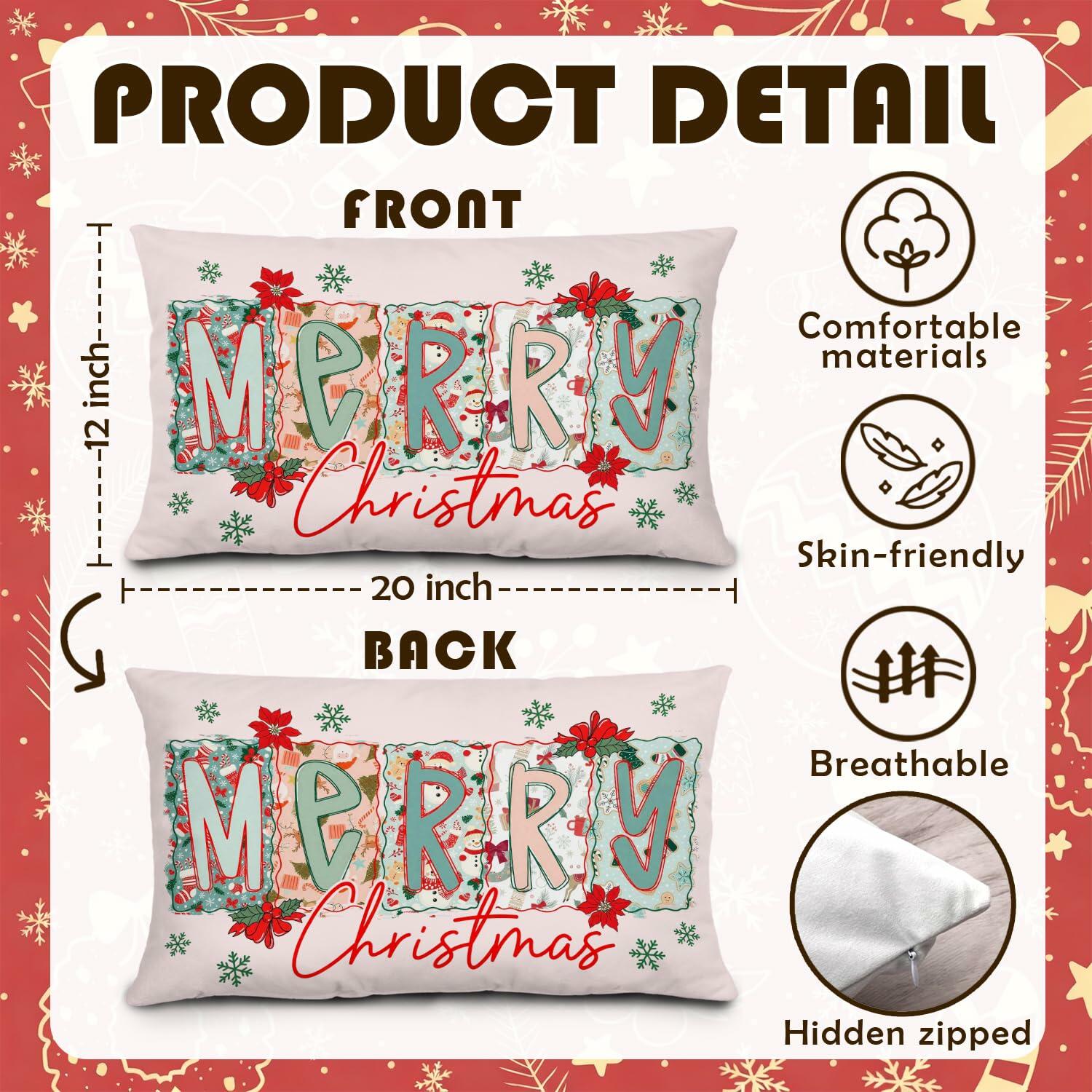 MOLYUB Pink Merry Christmas Floral Pillow Cover 12x20 Inches Polyester