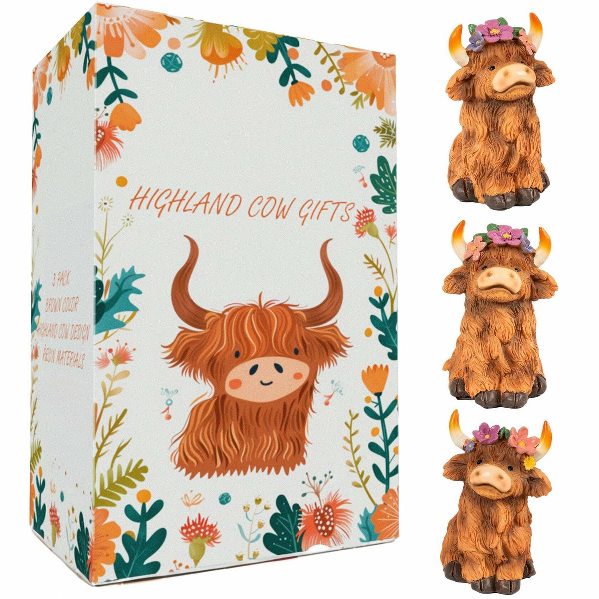 NEROSUN Highland Cow Figurines Set of 3 Brown Resin Scottish Decor