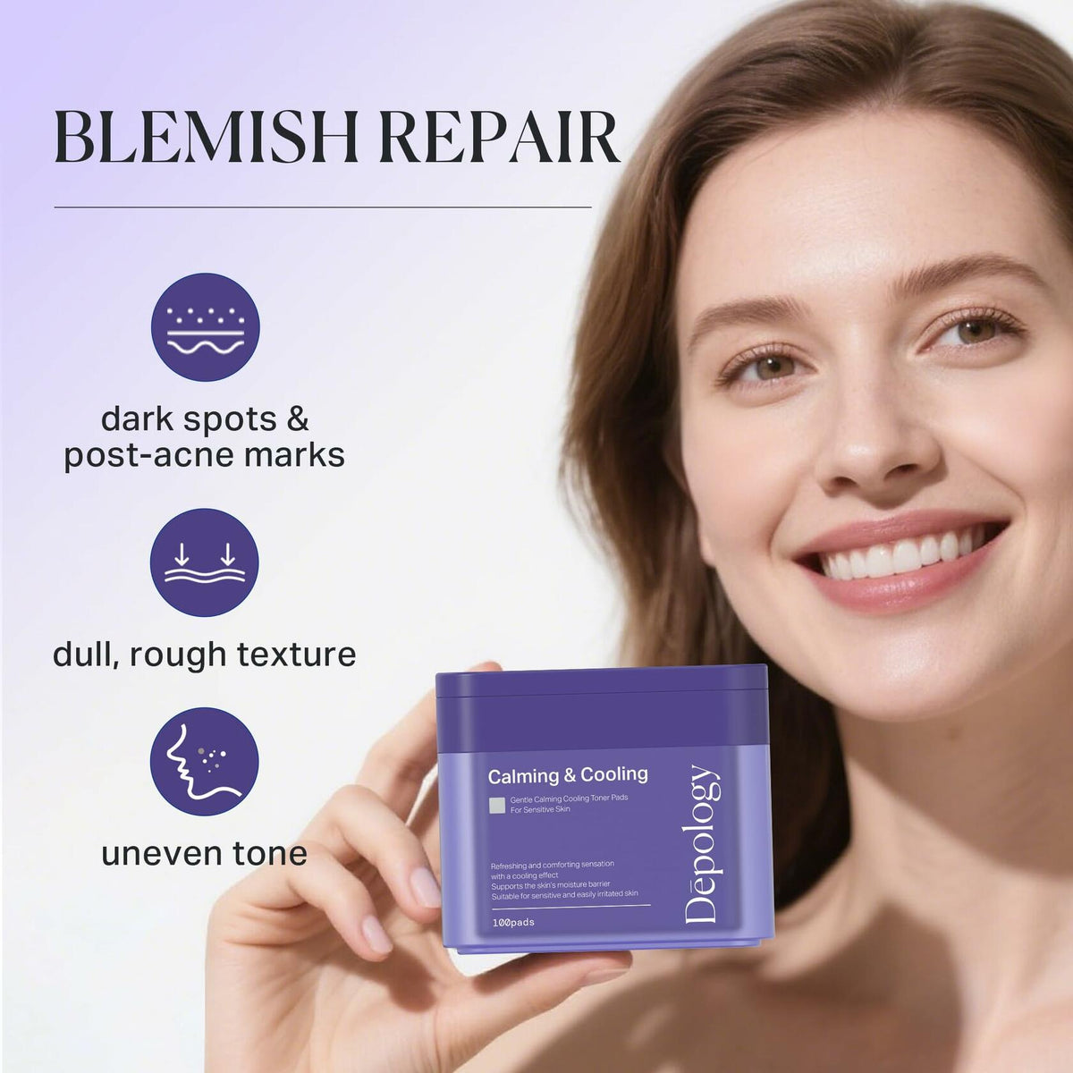 BestBy02/26 depology Blemish & Tone Toner Pads 100 Pads Sensitive Skin