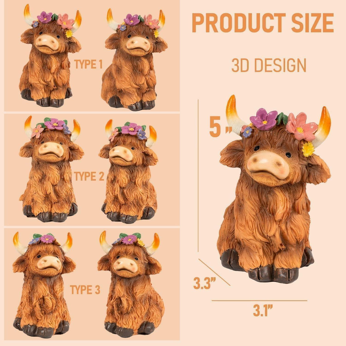 NEROSUN Highland Cow Figurines Set of 3 Brown Resin Scottish Decor