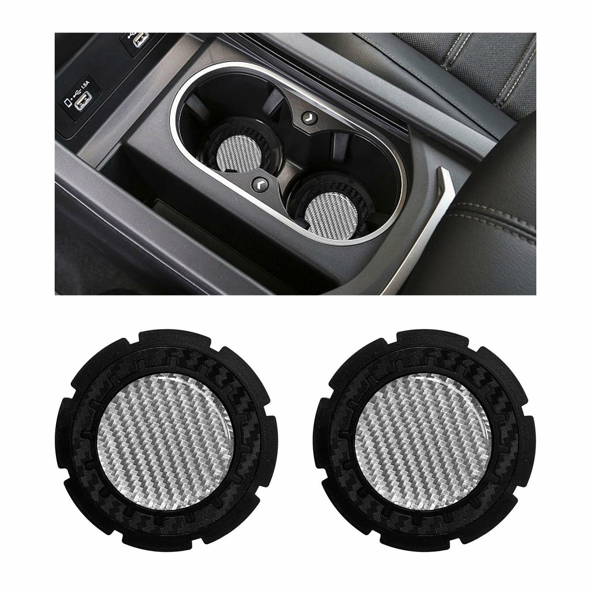Dickno Car Cup Holder Inserts 2 Pack 2.75in Carbon Fiber Non Slip Silver