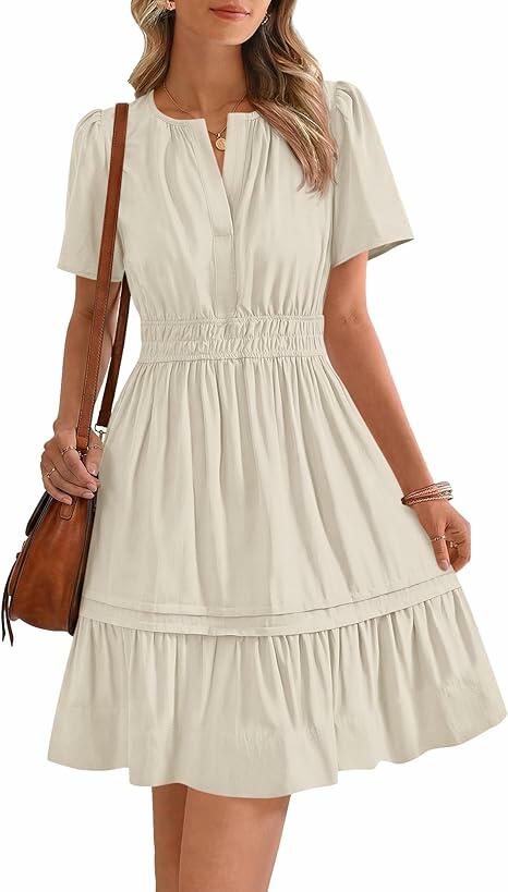 DRESSTELLS Womens Casual Ruffle V Neck Midi Dress Ivory Size M