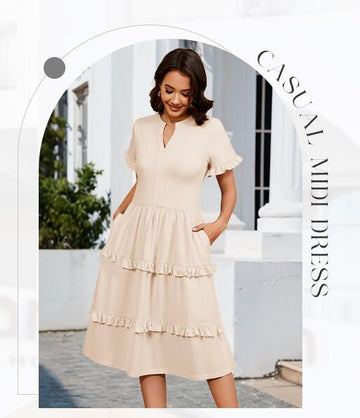 DRESSTELLS Womens Casual Ruffle V Neck Midi Dress Ivory Plus Size 2XL
