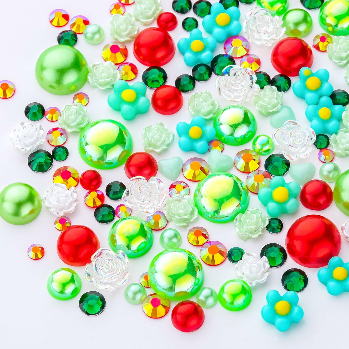 MYYKO 160g Christmas Flatback Rhinestones Half Pearls Mix Size 3-10mm Red Green