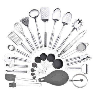 StnKitchExplor Stainless Steel Utensil Set 28 Pcs Cooking Tools Silver Holder