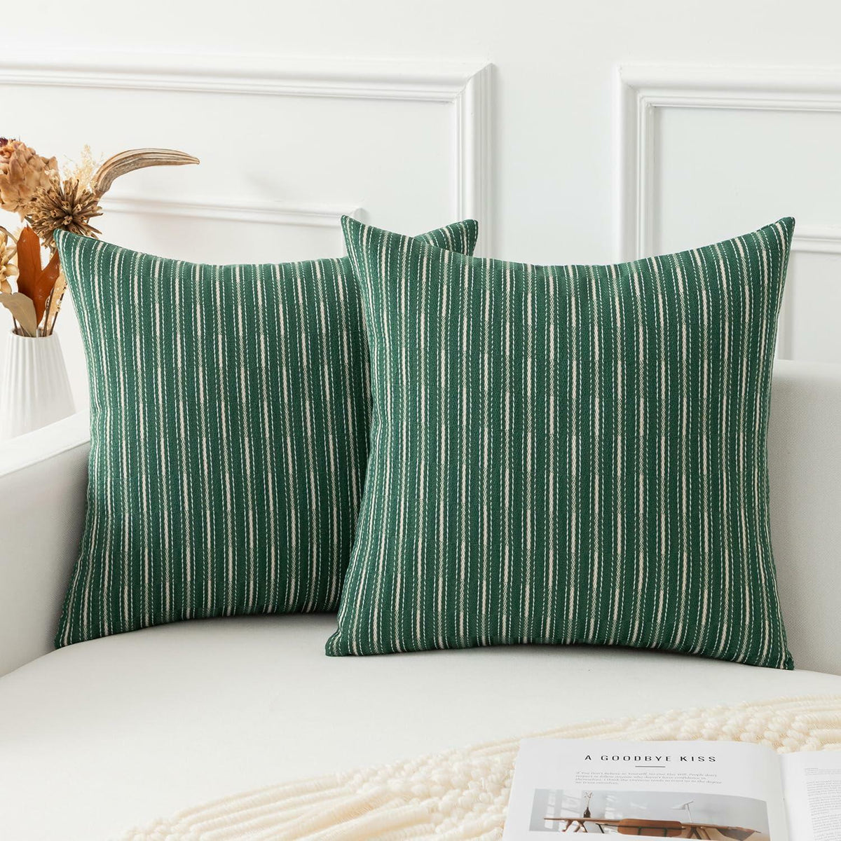 K KEVIN TEXTILE Boho Woven 18x18 Pillow Covers Set of 2 Dark Green