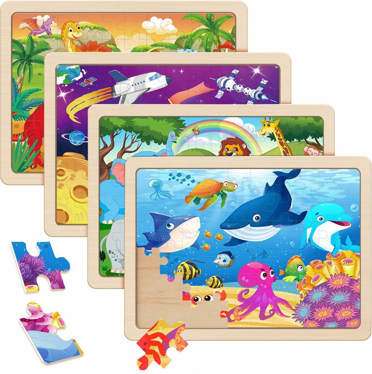 RANSUNN Wooden Animal Dinosaur Jigsaw Puzzles 60 PCs 4 Packs Multicolor