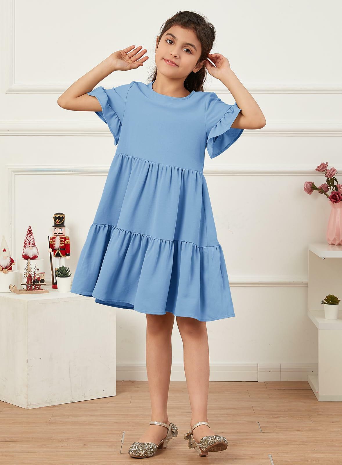 Geckatte Girls Summer Floral Ruffle Short Sleeve A-Line Dress Blue Size 5-6