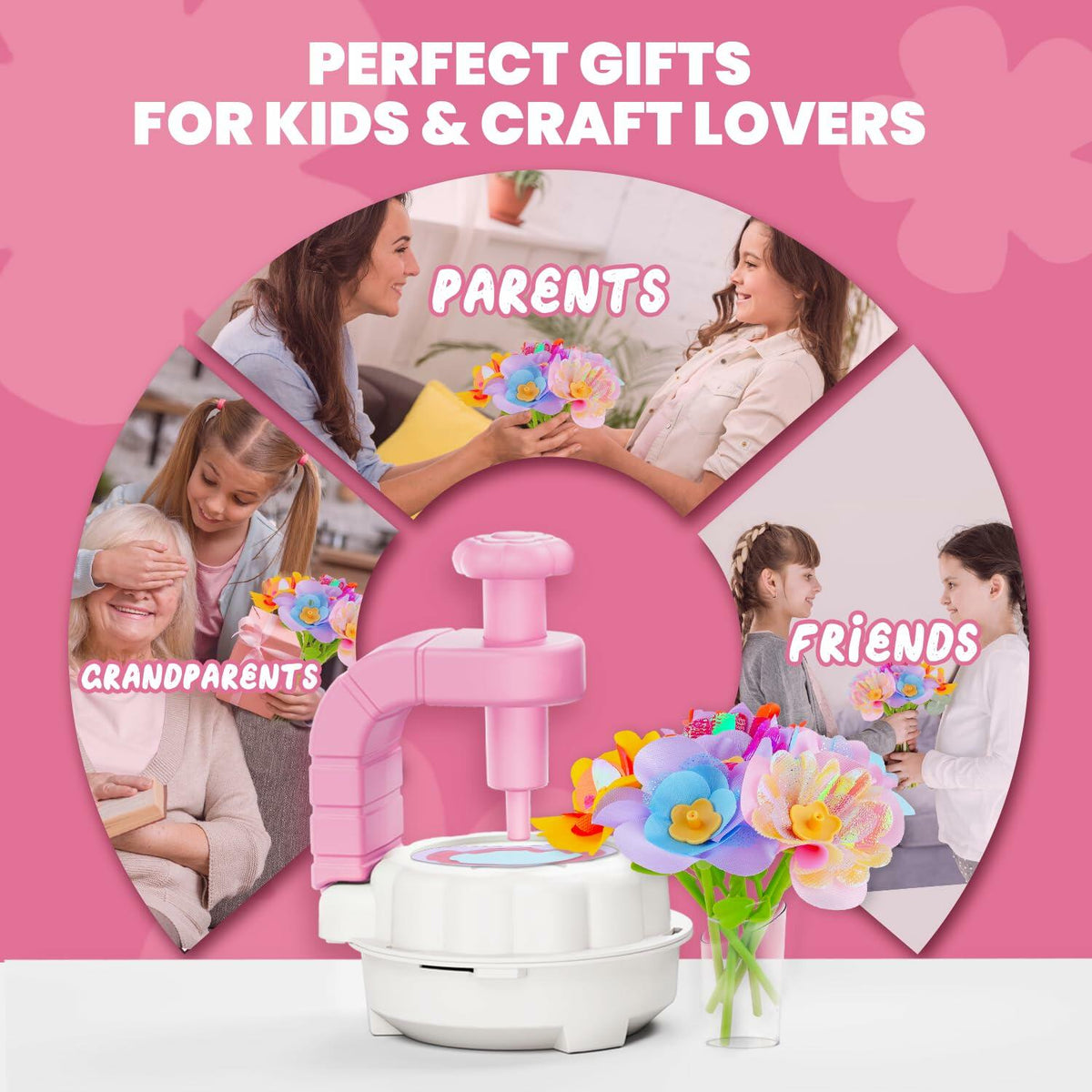 windpaint Arts and Crafts DIY Fabric Flower Bouquet Kit for Kids Pink