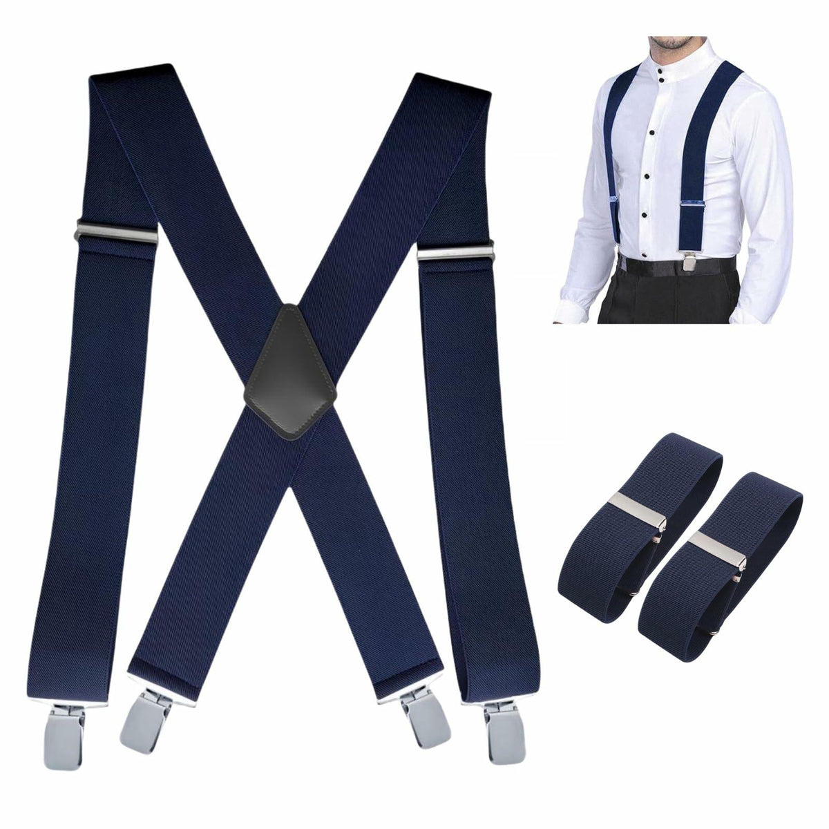 ELEFEA Men's Heavy Duty Suspenders 2" Wide X-Shape Adjustable Navy Blue Size L
