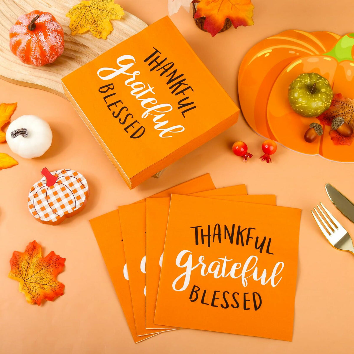 AllReal 100Pcs Thanksgiving Fall Pumpkin Orange Paper Napkins Disposable