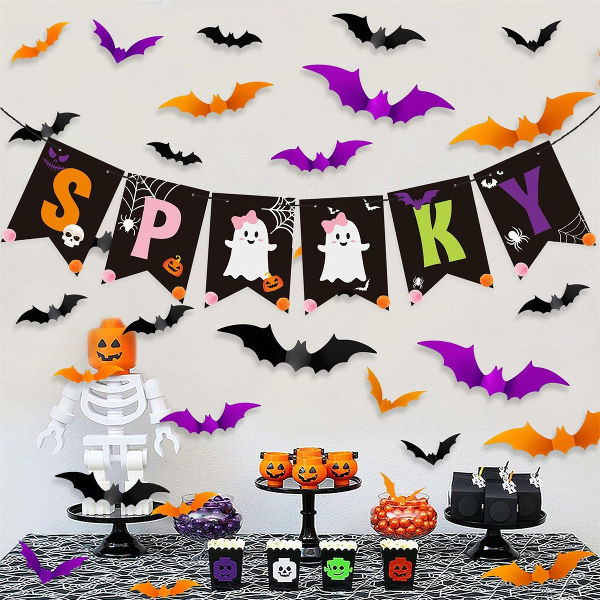 Fxozru Spooky Halloween Banner Bats Sticker Pink Purple Black Orange