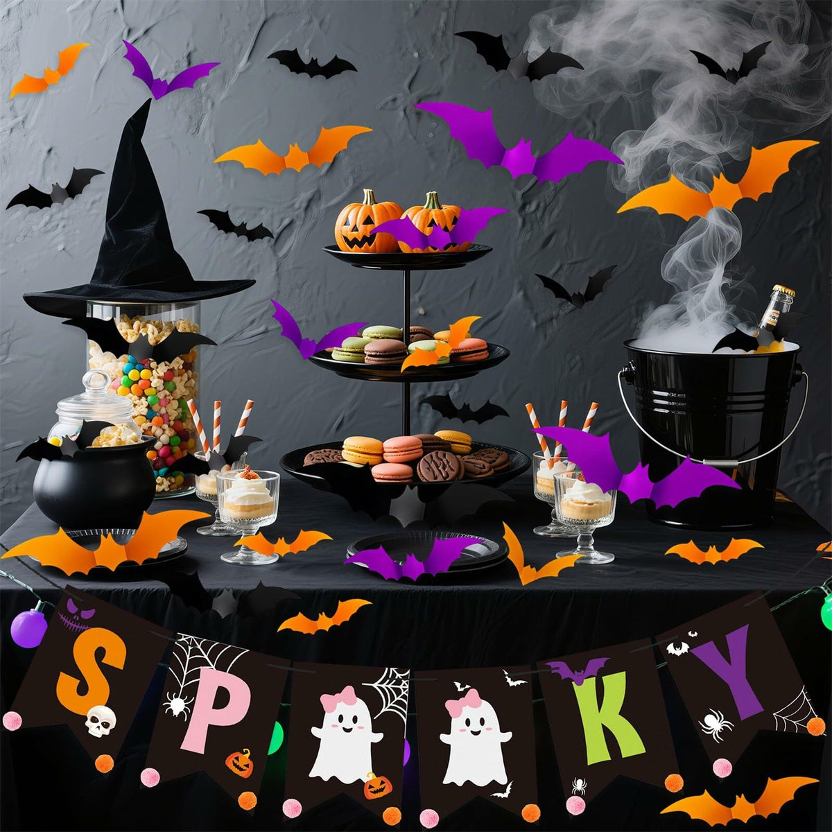 Fxozru Spooky Halloween Banner Bats Sticker Pink Purple Black Orange