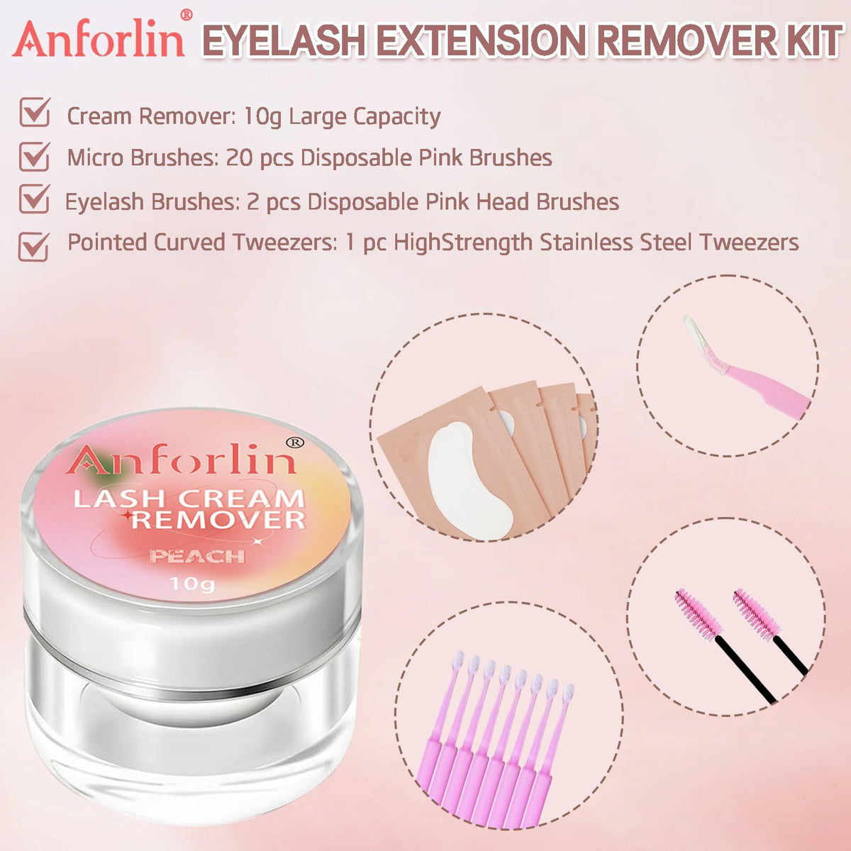 Anforlin Lash Remover Kit 10g Peach Scent with Eye Pads Brushes Tweezers