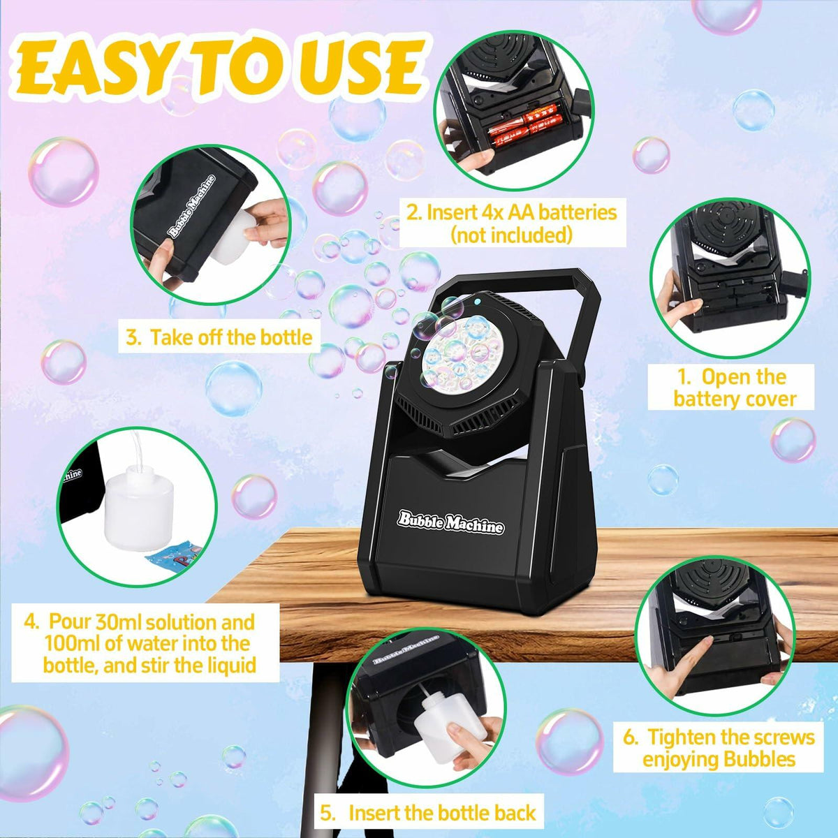 LunaVitalia Bubble Machine Automatic Bubble Blower 90° Adjustable Battery