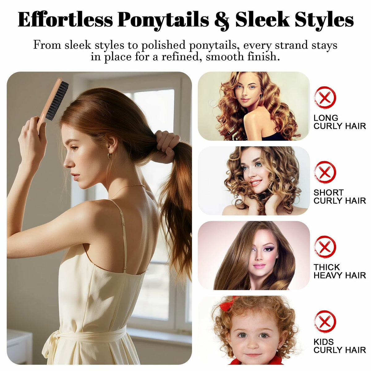 LLMSIX 2Pcs Wooden Handle Boar Bristle Hair Brush Soft Smoothing Brown
