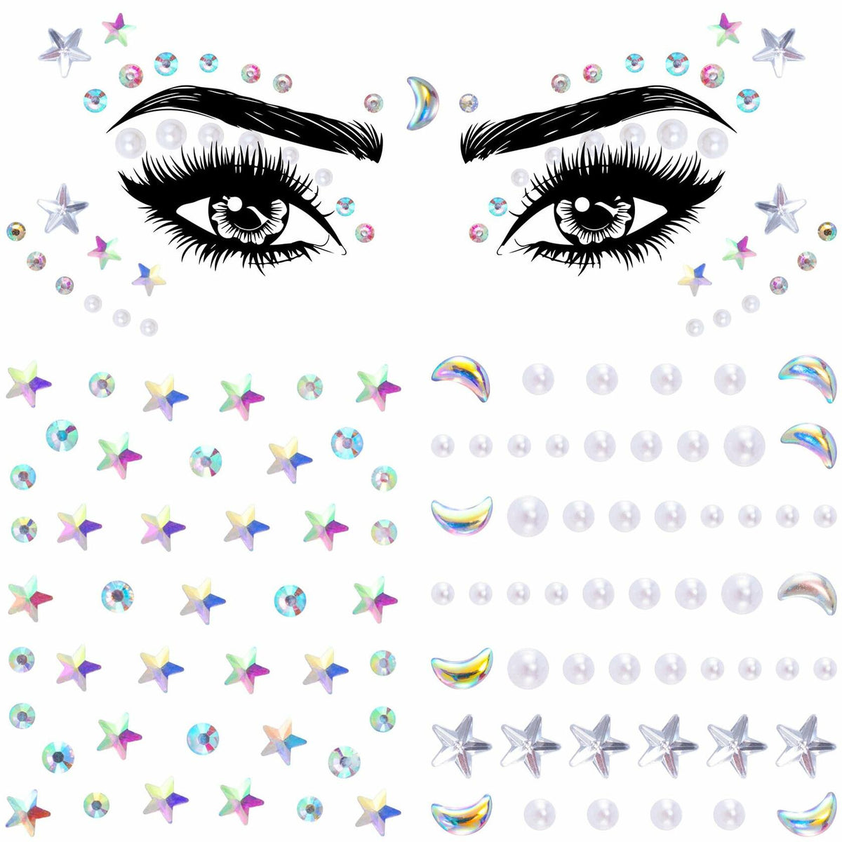 OIIKI 2 Sheets Face Eye Gems Stickers Rhinestone Body Nail Stickers White