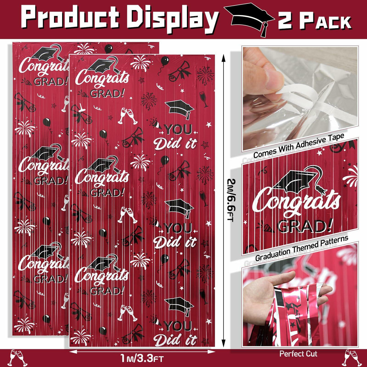 Pedel 2025 Graduation Foil Fringe Curtains 2 Pack 3.2x6.5ft Maroon Black
