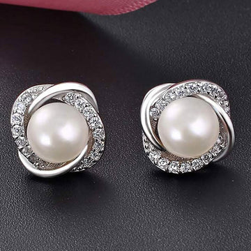 Pearl And Swarovski Crystal Love Studs In White Gold
