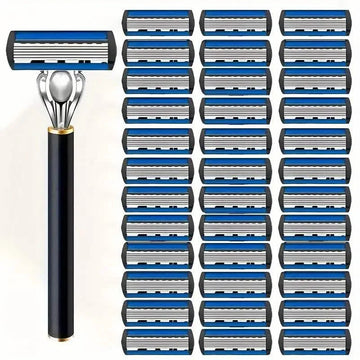 Replacement Razor Blades Safety Shaver Set with Anti-Slip Metal Handle with 1 Razor + 36 Blades