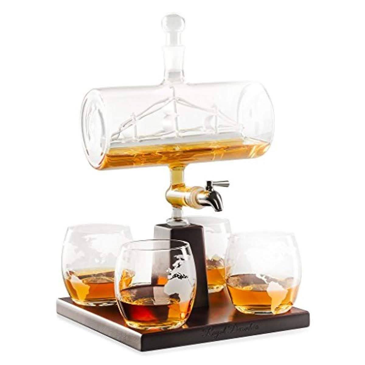 Sailing Ship Decanter Set with Dispenser and 4 Whiskey Glasses