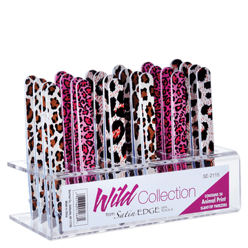 Satin Edge Animal Print Slant Tip Tweezers - 24 Pc Display