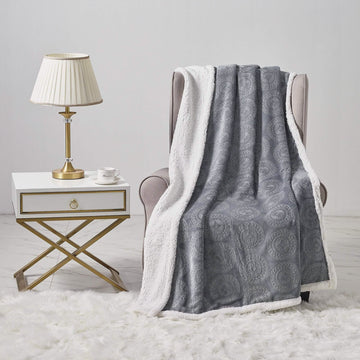 Sheradian Embossed Print Fleece/Caesar Sherpa Reversible Throw Blanket