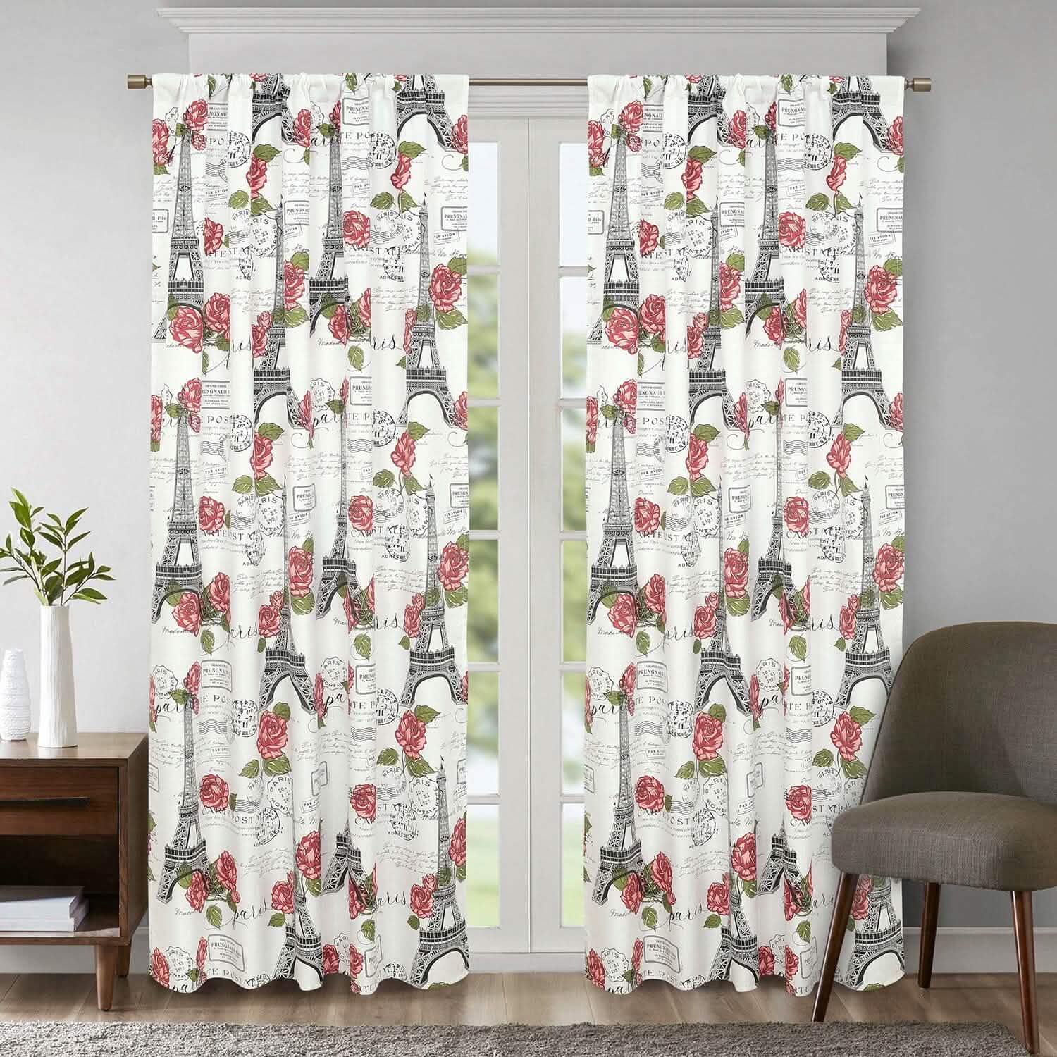 2-Piece Set: Sloane Street Paris Rose Eiffel Tower Window Curtain Panel Pair