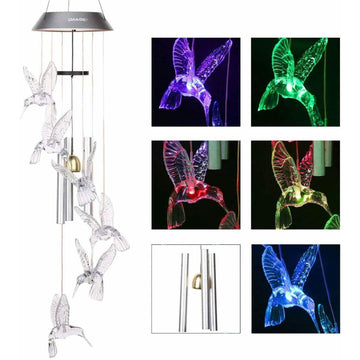Solar Color Changing LED Hummingbird Wind Chimes Light Tubes Bells Lamp Outdoor