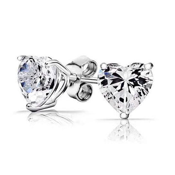 Solid Sterling Silver 2.00 CTTW Heart Studs