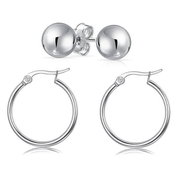Solid Sterling Silver Hoop And Ball Set