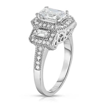 Tri Stone Emerald Cut Cubic Zirconia Ring in 18k White Gold - Size: 9