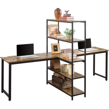 Two Person Computer Desk with Bookshelf Wood and Metal