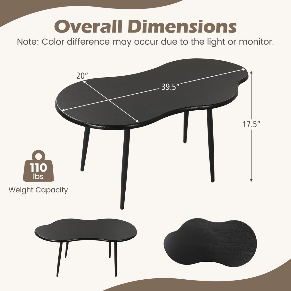 Cloud Shape Coffee Table 39.5 inch Irregular Center Table with Metal Frame