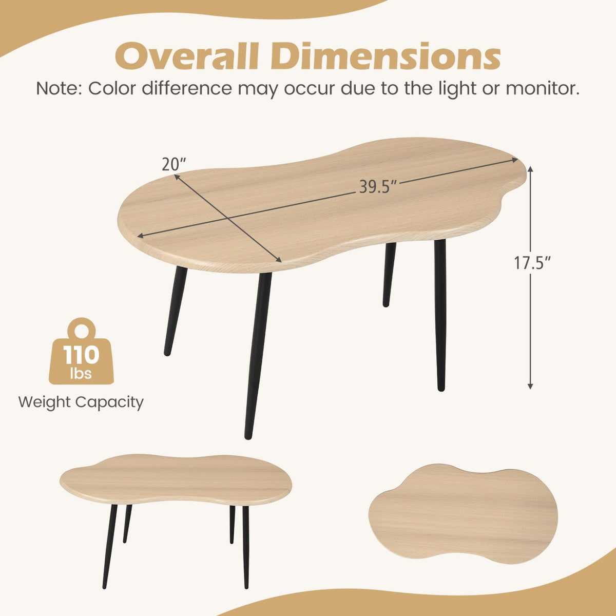 Cloud Shape Coffee Table 39.5 inch Irregular Center Table with Metal Frame