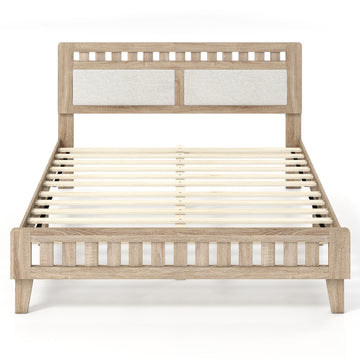 Queen Wood Bed Frame with Upholstered Headboard