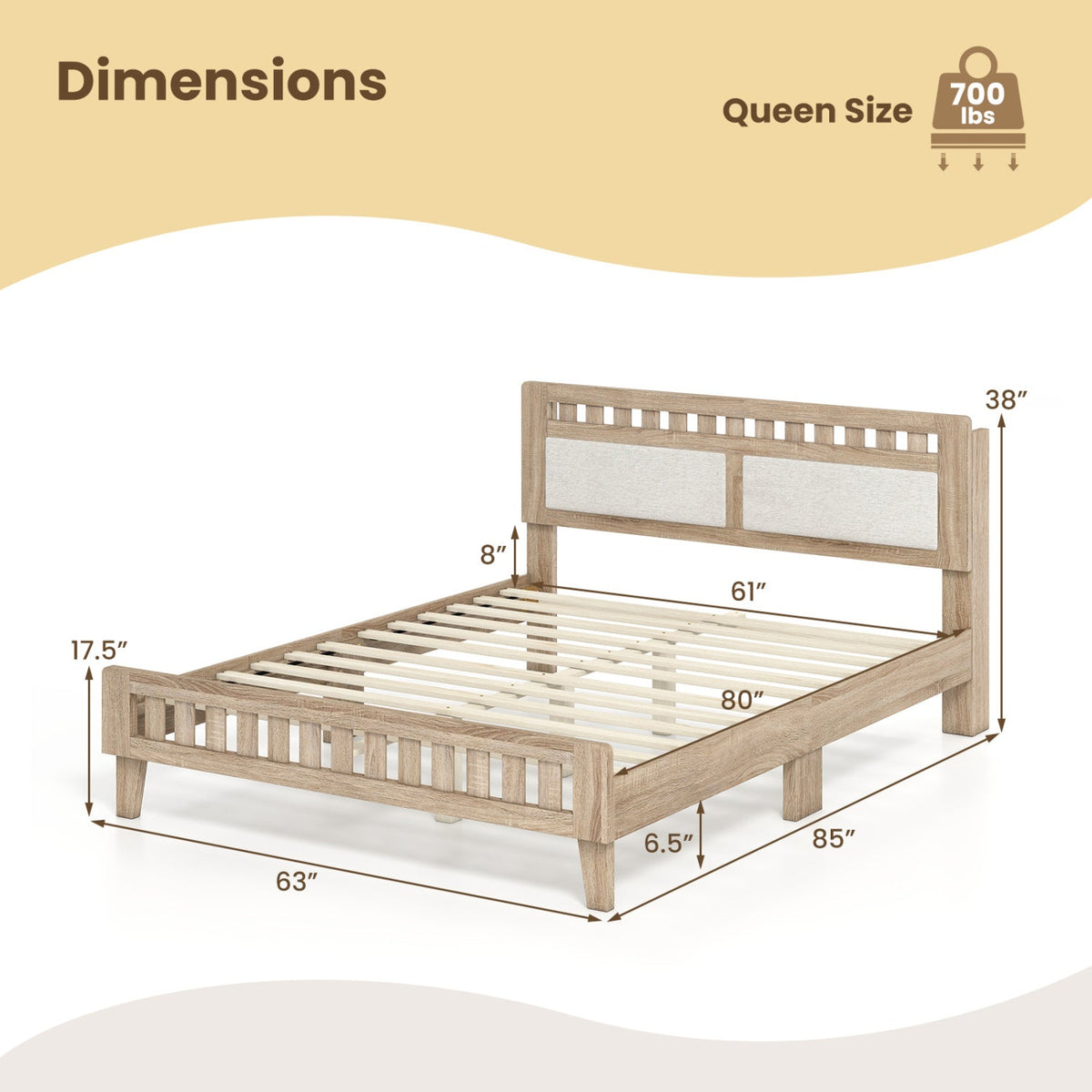 Queen Wood Bed Frame with Upholstered Headboard