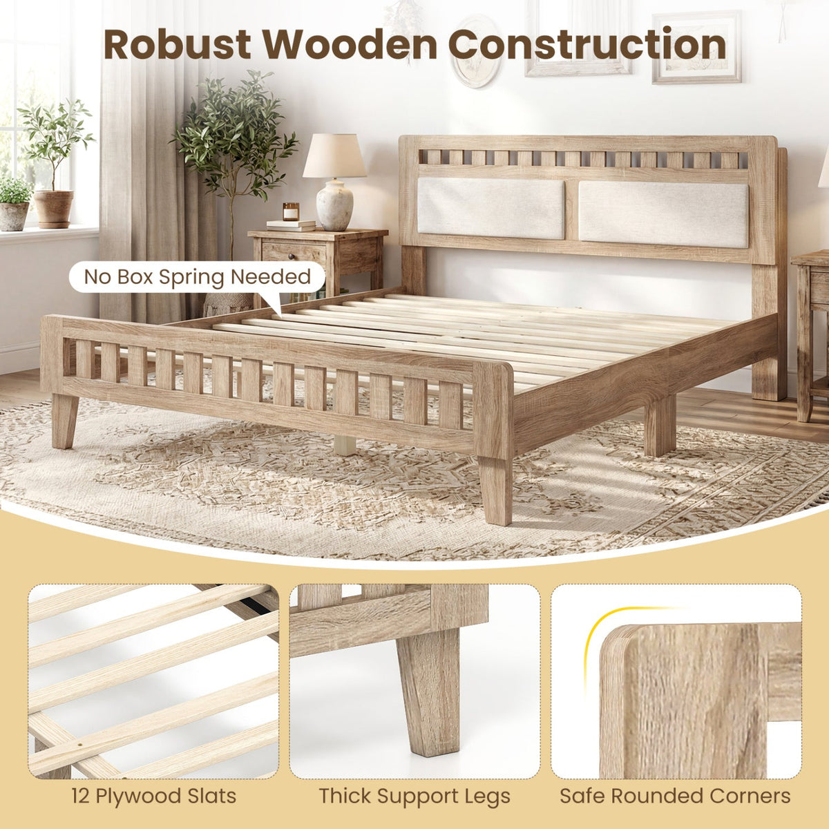 Queen Wood Bed Frame with Upholstered Headboard