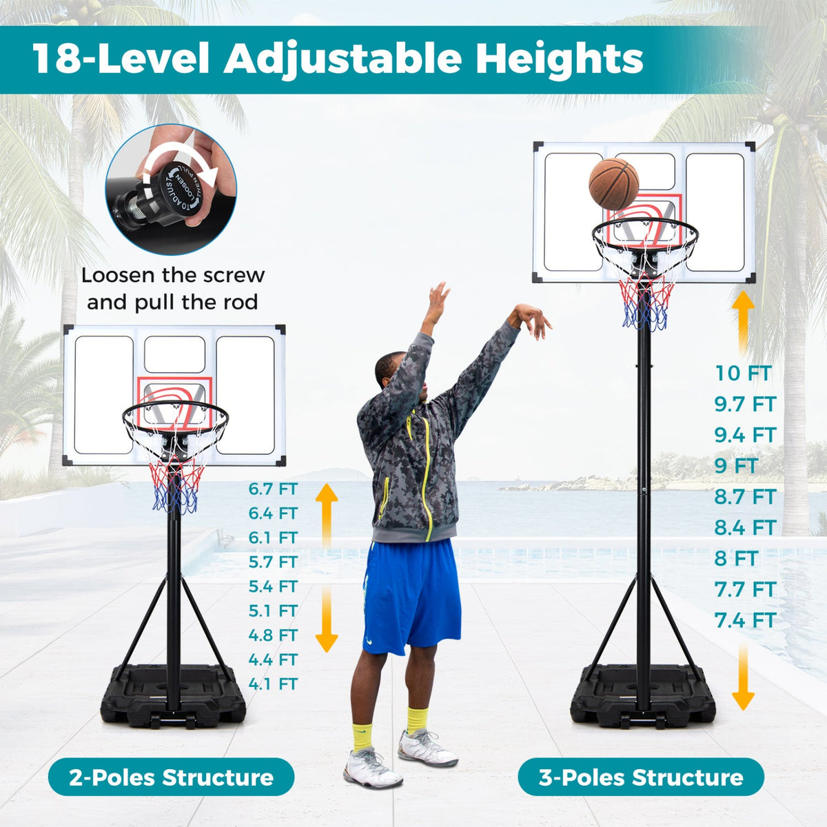Portable Basketball Hoop Adjustable 4.1-10 Feet with Base