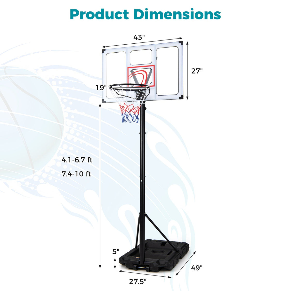 Portable Basketball Hoop Adjustable 4.1-10 Feet with Base