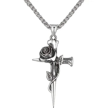 Vintage-Inspired Men's Titanium Steel Pendant Necklace - Unique Keel Chain Design with Cross and Rose Accents