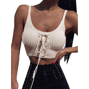 Women Sleeveless Lace Up Knitted Cami Tank Top Sexy Loose Crop Tops Blouse