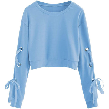Women's Casual Lace-Up Long-Sleeved Pullover Crop Top Sweatshirt